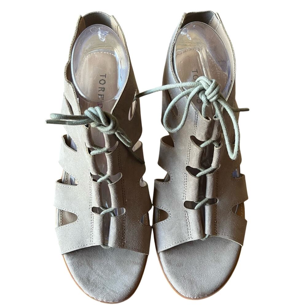 Torrid Block Heel Sandals Size 9.5W Wide Taupe Strappy Lace-Up Boho Prairie - Picture 3 of 9